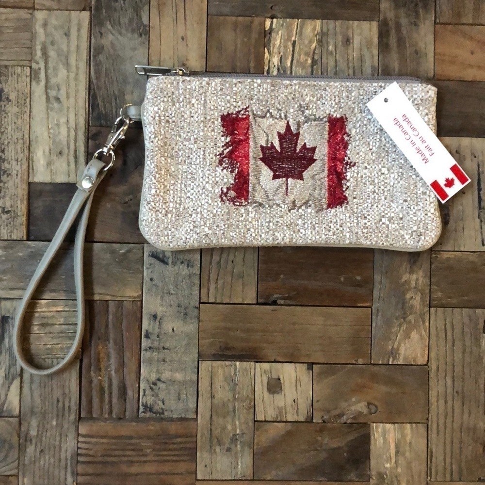 Canadian Flag Sequin Wristlet Clutch - Beige and Red